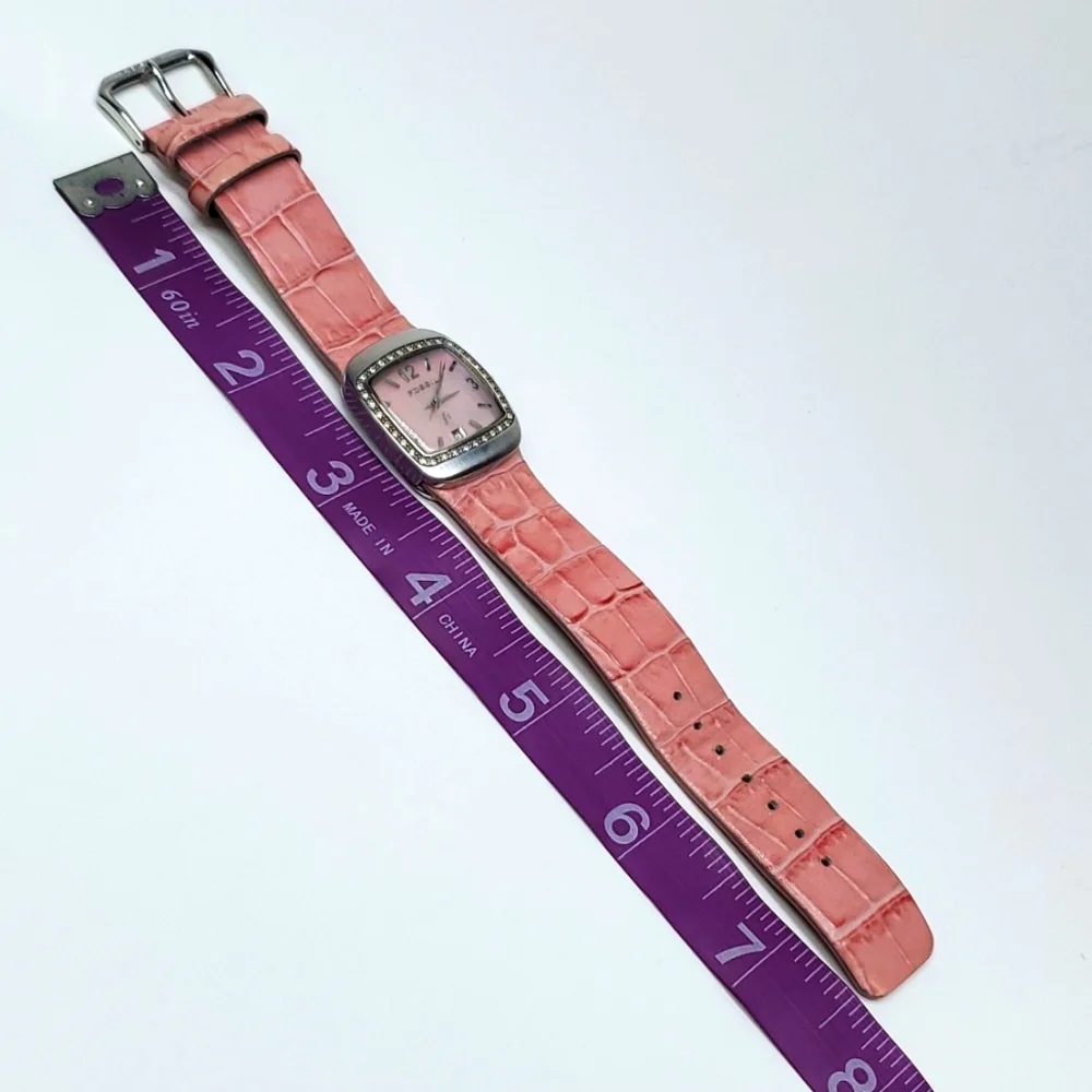 Vintage Fossil Watch F² ES9720 Salmon Leather Wristband Pink Mother of Pearl